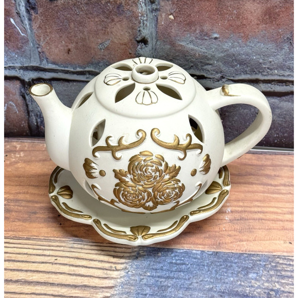 Partylite TEAPOT Tealight Candle Holder TEA TIME Luminary P7301 Porcelain Bisque - Picture 2 of 8